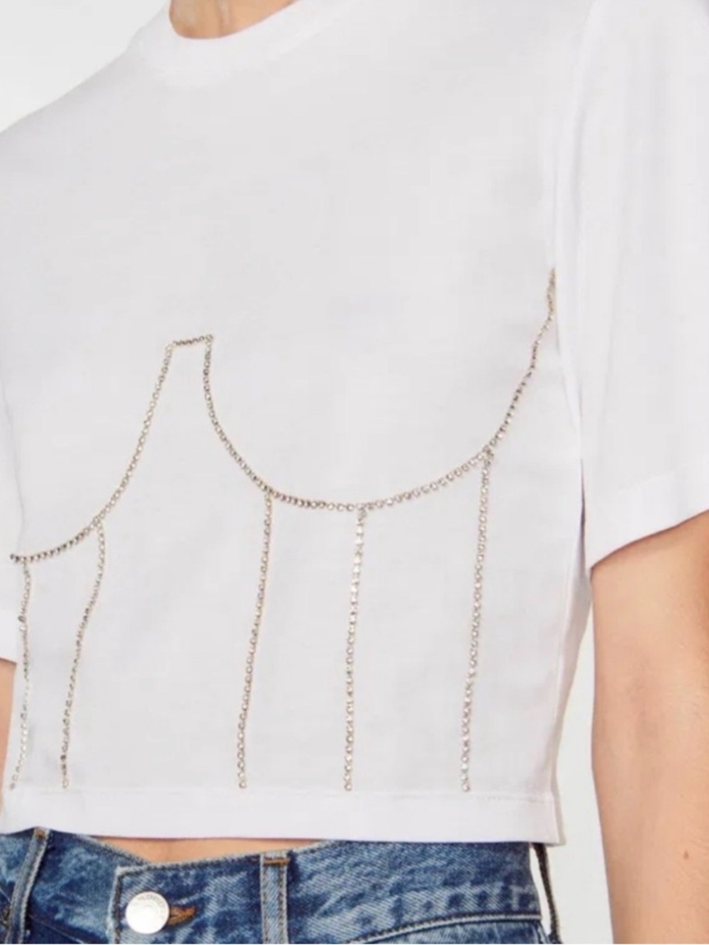 Sandro White Crop Top with Gold Rhinestone Chain Detail